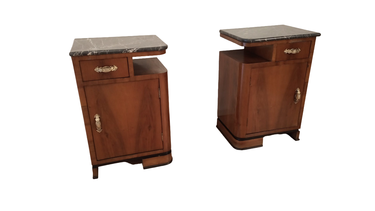Art Deco Italian Bedside Tables in Walnut, Set of 2