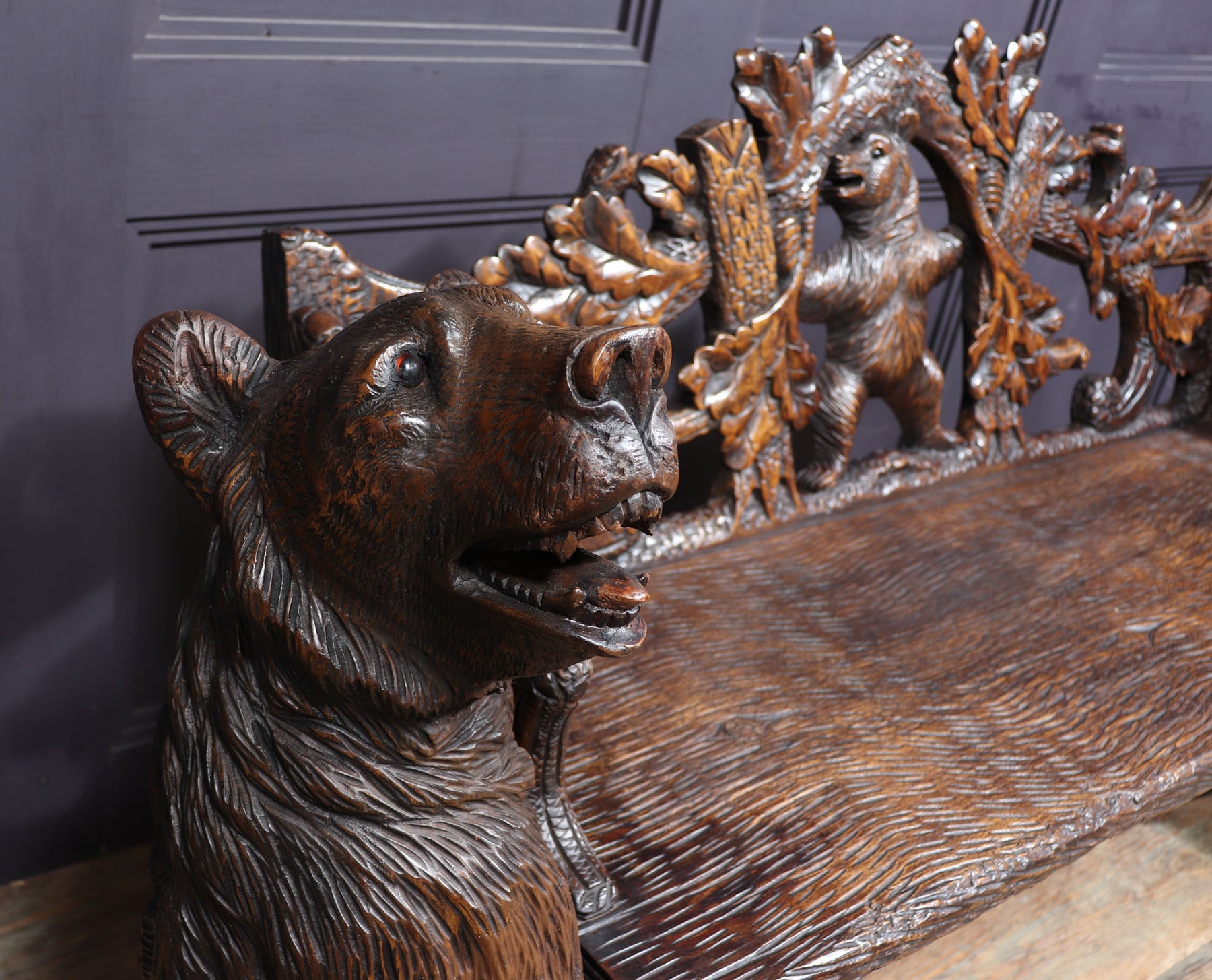 Intricately Carved Black Forest Bear Bench