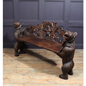 Intricately Carved Black Forest Bear Bench