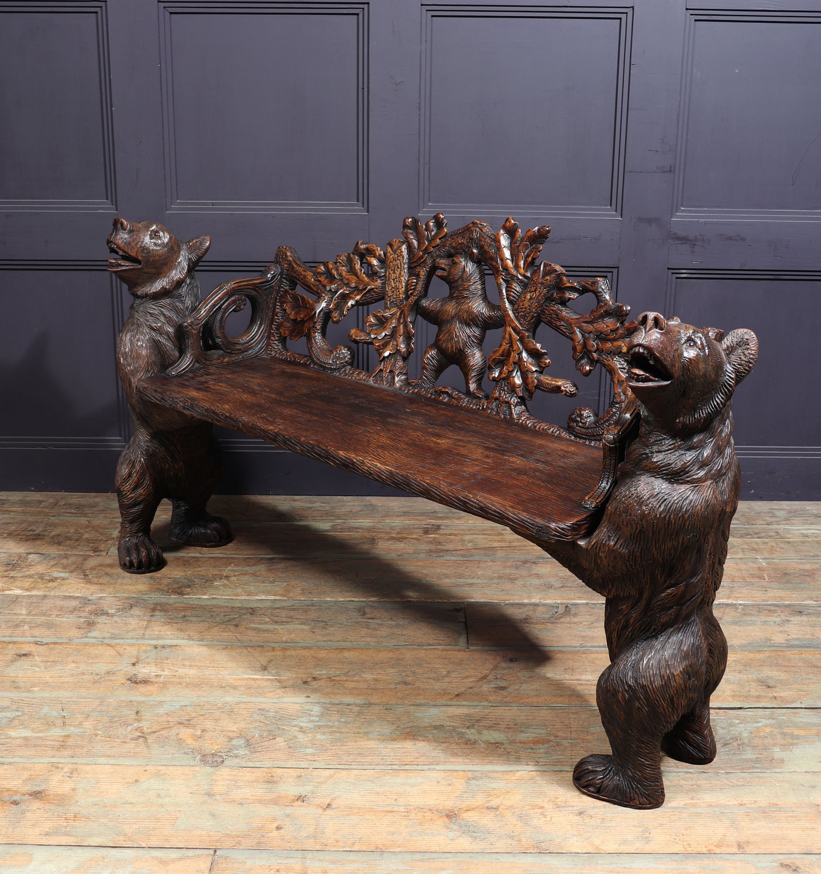 Intricately Carved Black Forest Bear Bench
