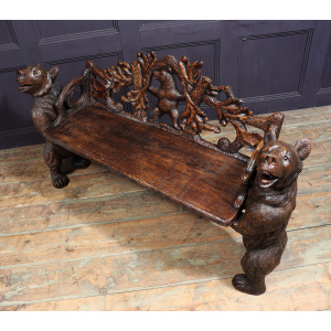Intricately Carved Black Forest Bear Bench