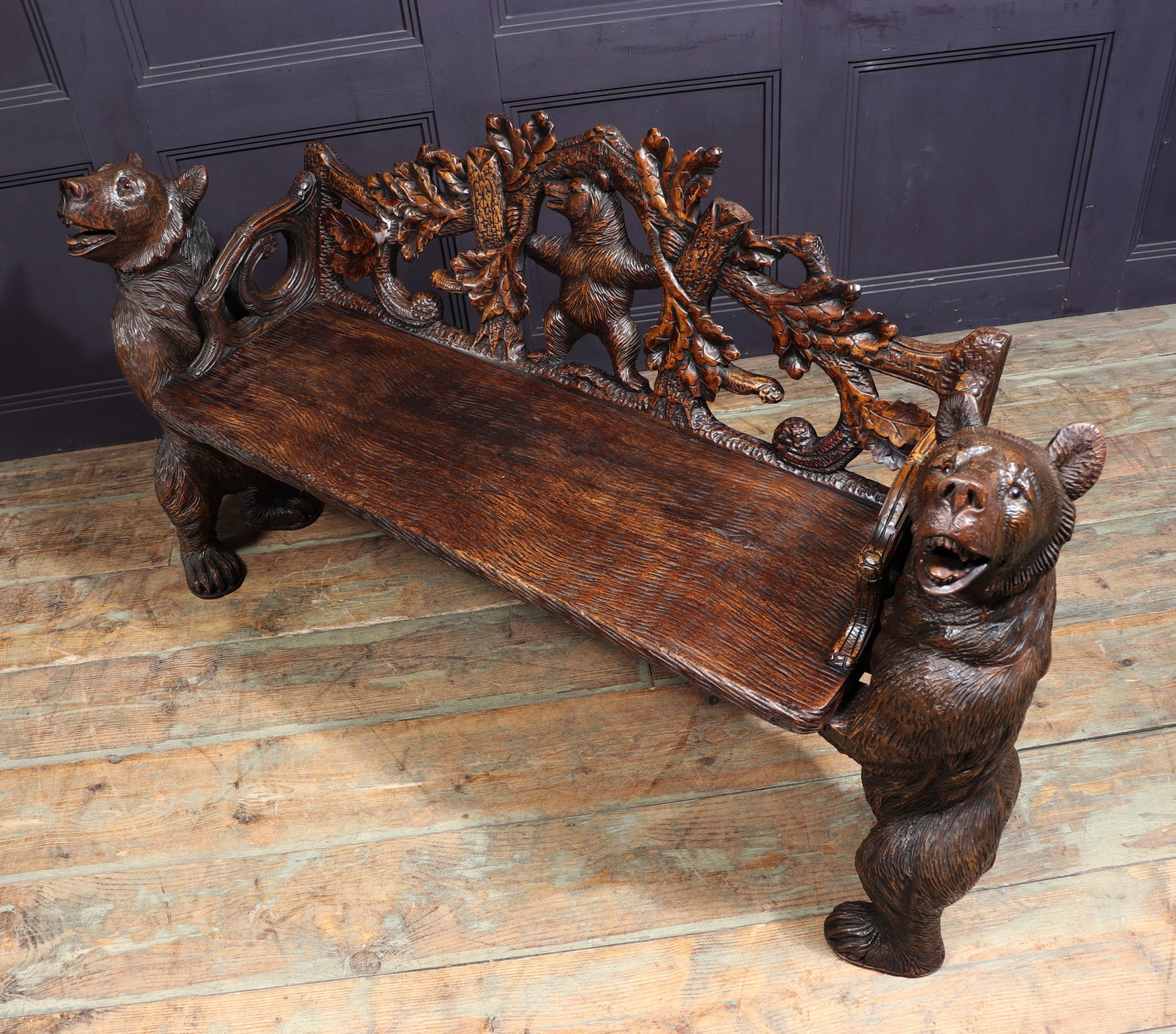 Intricately Carved Black Forest Bear Bench