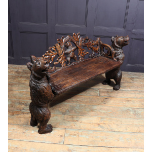 Intricately Carved Black Forest Bear Bench