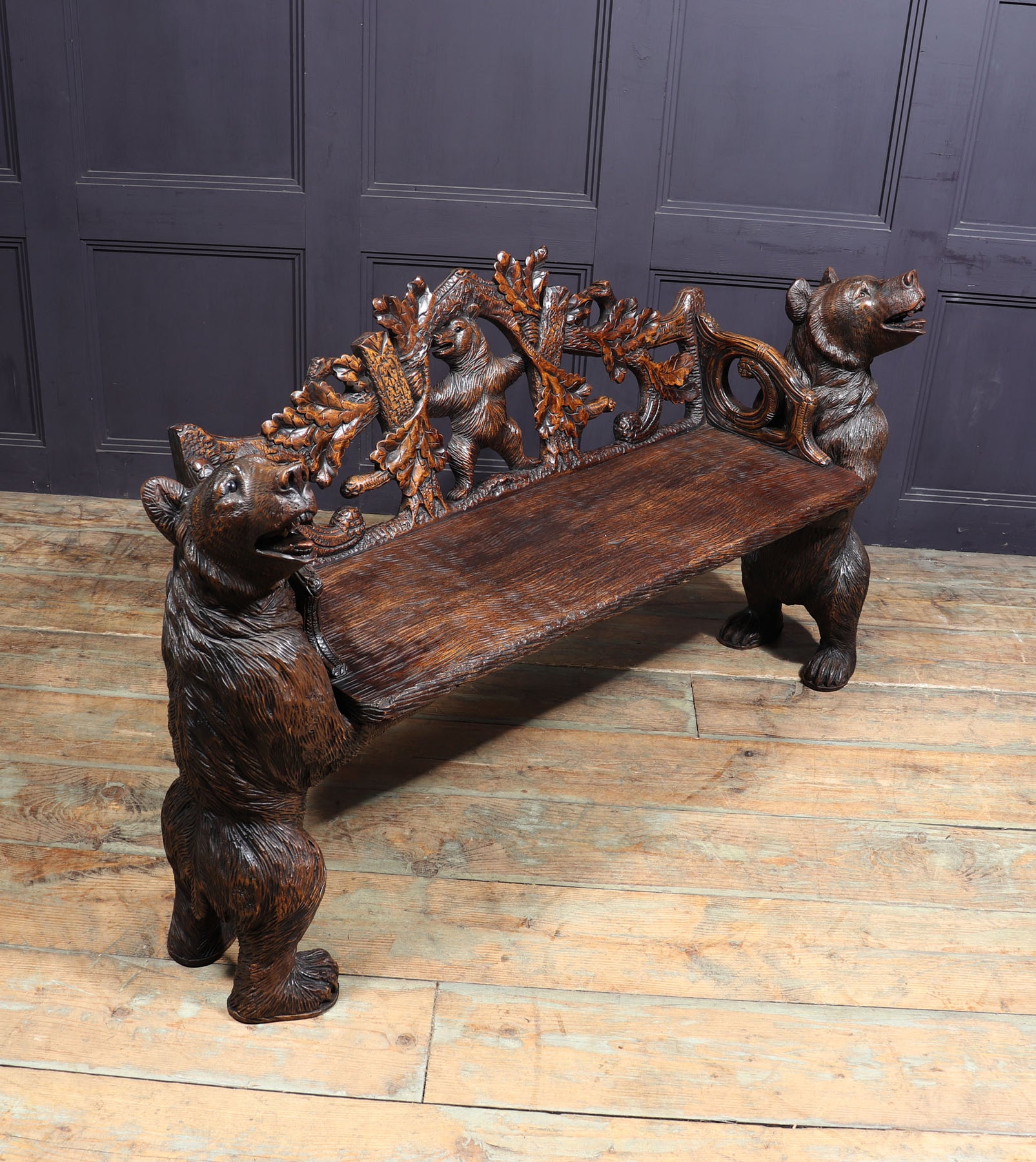 Intricately Carved Black Forest Bear Bench