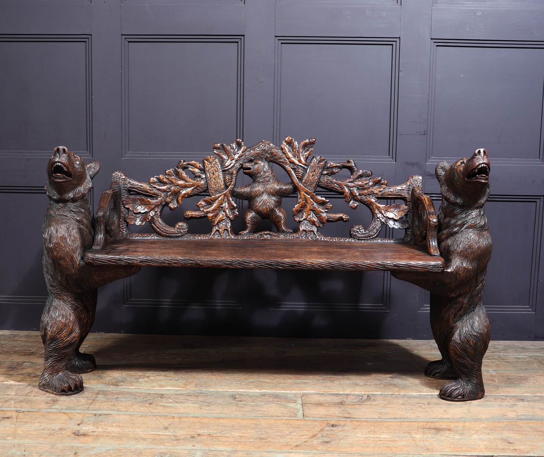 Intricately Carved Black Forest Bear Bench