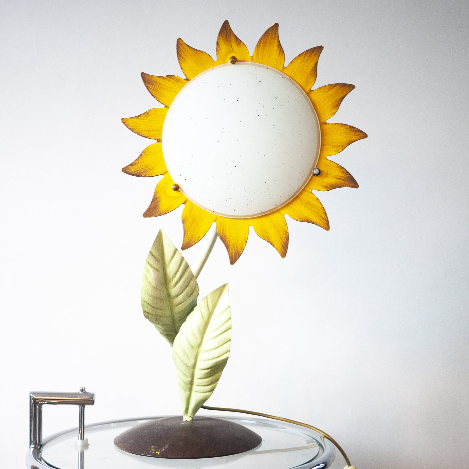 Decorative Italian Metal Painted Sunflower Table Lamp, 1970s
