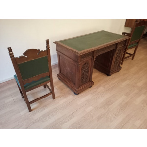 Antique Office Desk with Chairs in Walnut and Leather, Set of 3