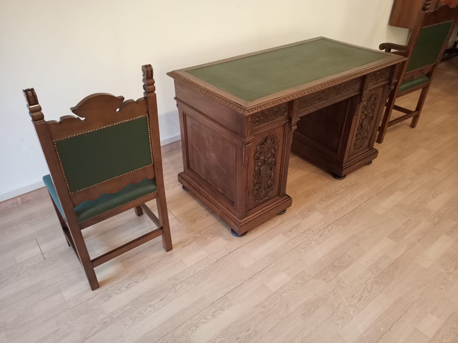 Antique Office Desk with Chairs in Walnut and Leather, Set of 3