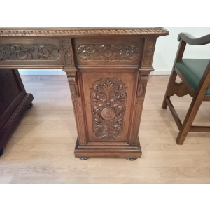 Antique Office Desk with Chairs in Walnut and Leather, Set of 3