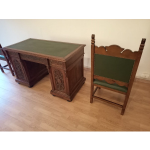 Antique Office Desk with Chairs in Walnut and Leather, Set of 3