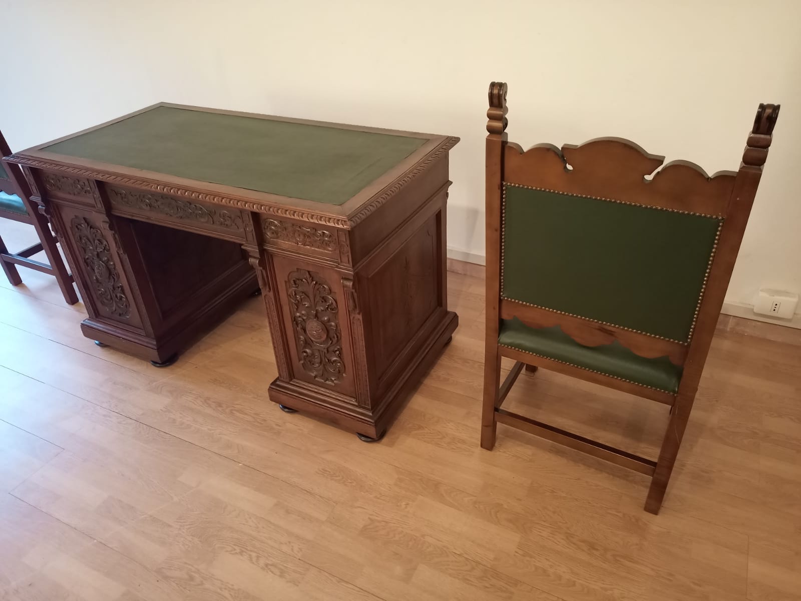 Antique Office Desk with Chairs in Walnut and Leather, Set of 3