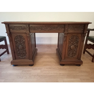 Antique Office Desk with Chairs in Walnut and Leather, Set of 3