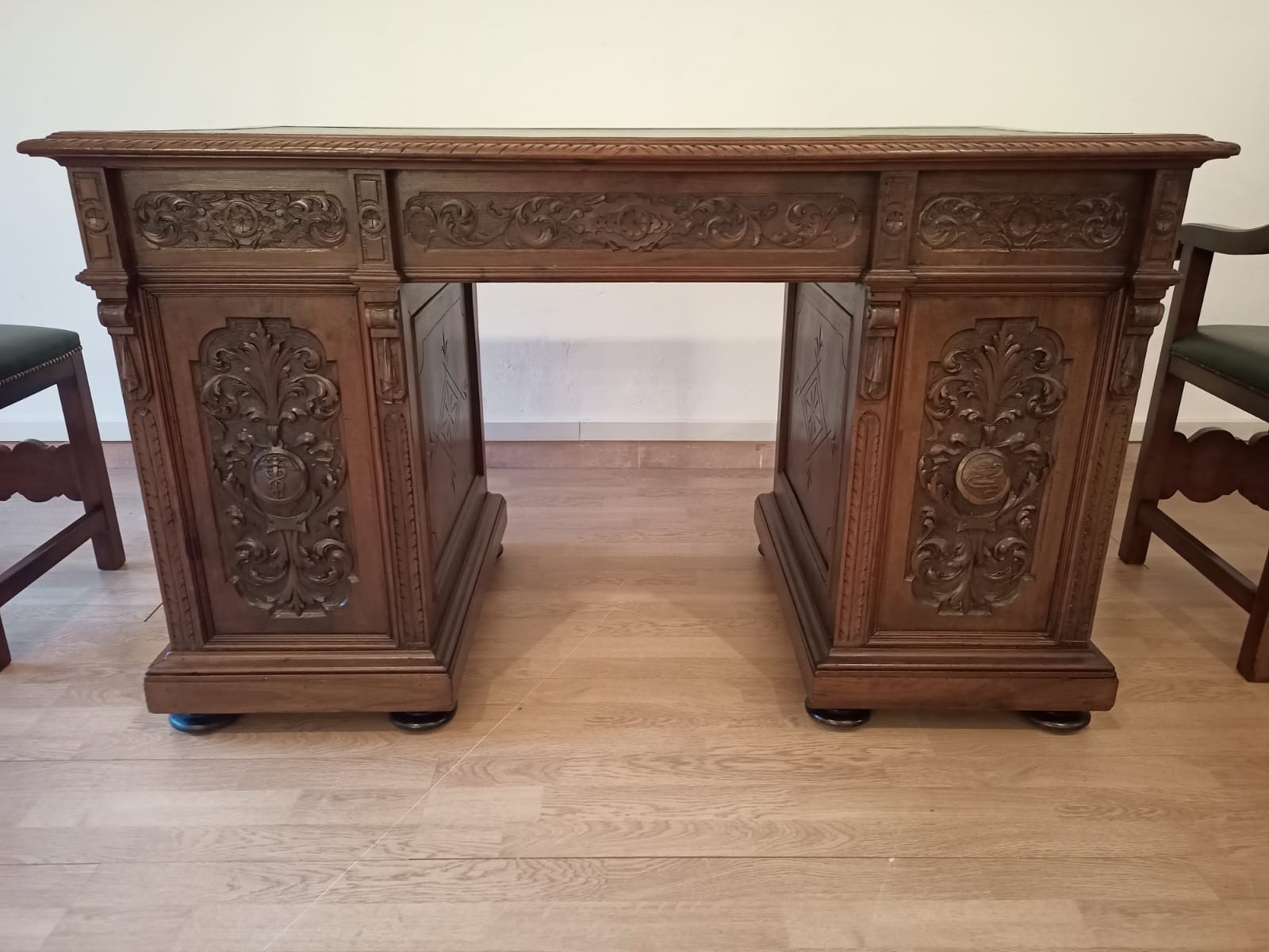 Antique Office Desk with Chairs in Walnut and Leather, Set of 3