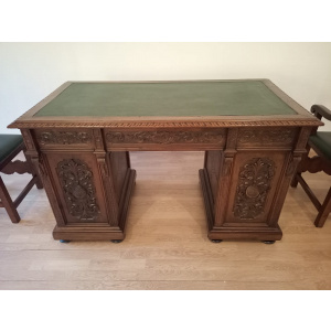 Antique Office Desk with Chairs in Walnut and Leather, Set of 3