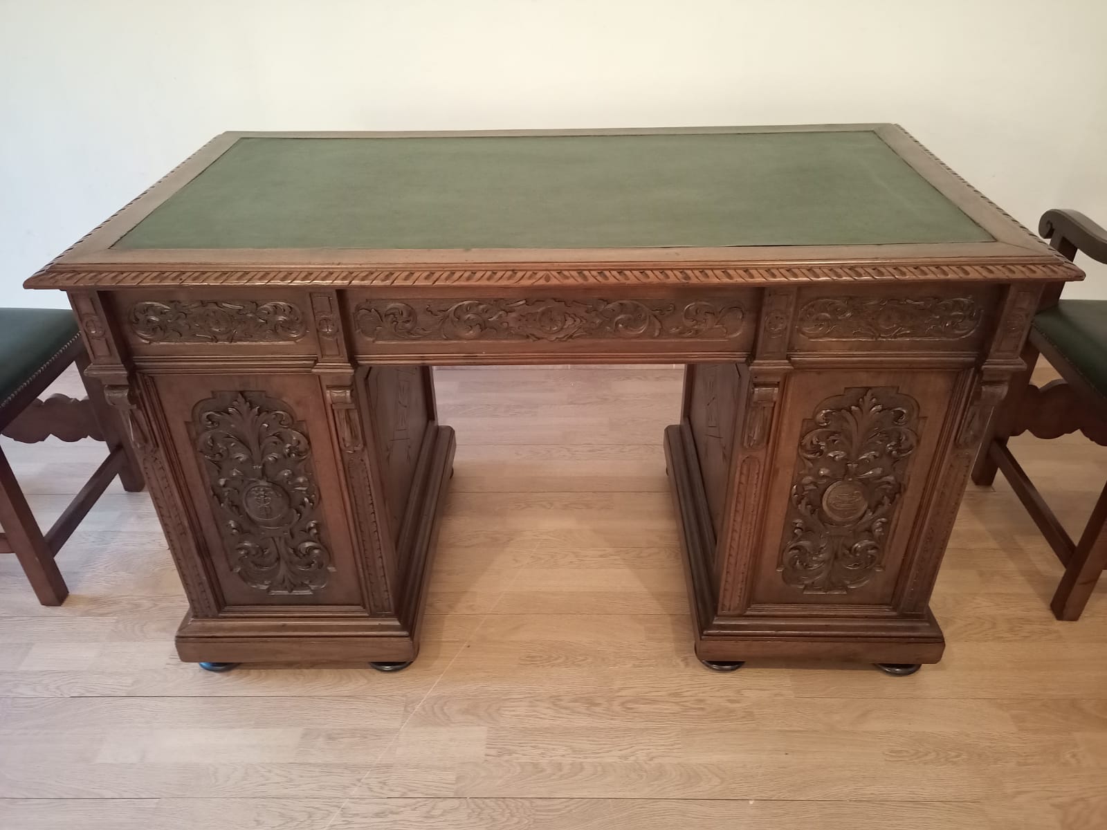 Antique Office Desk with Chairs in Walnut and Leather, Set of 3