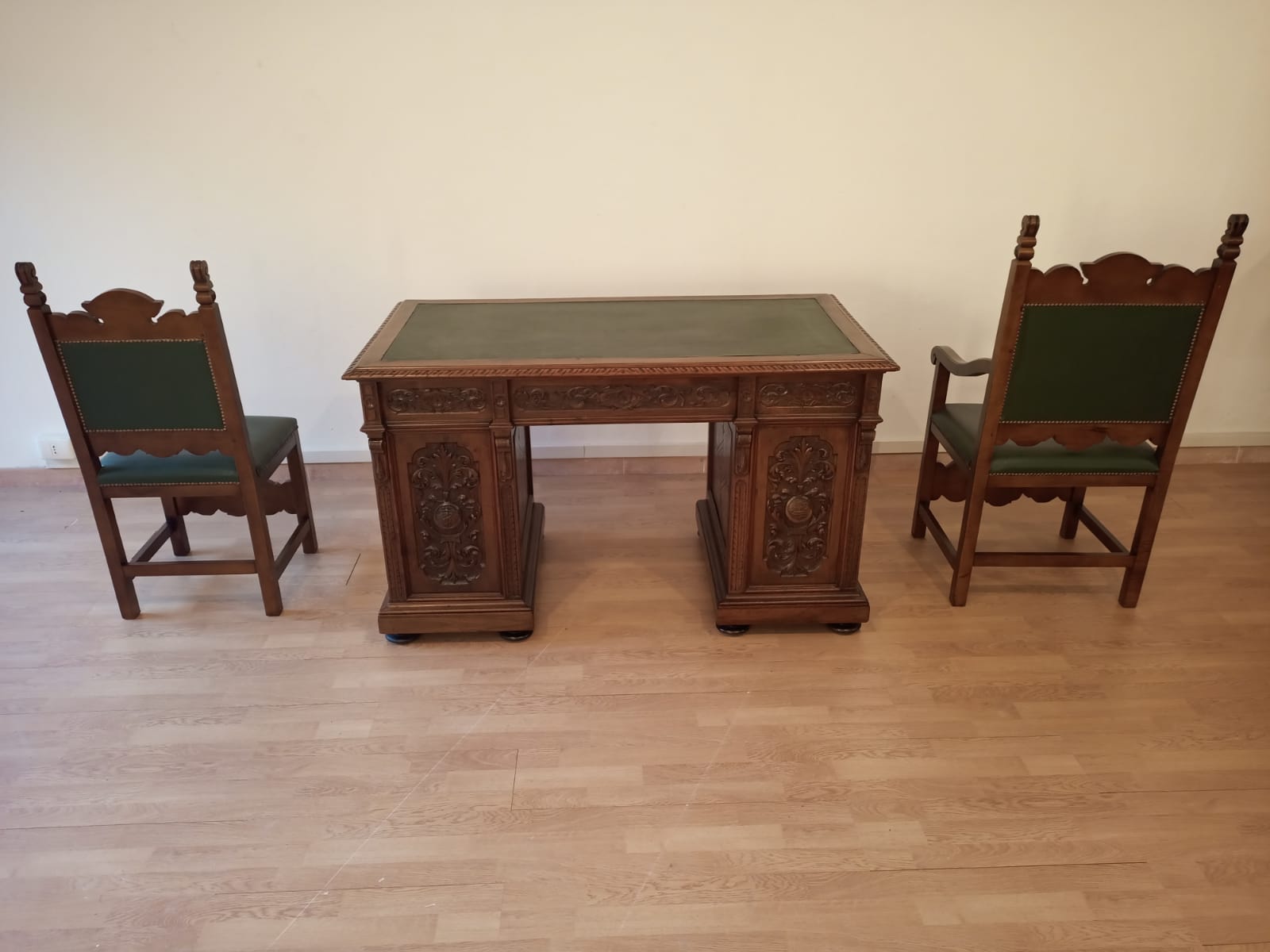 Antique Office Desk with Chairs in Walnut and Leather, Set of 3