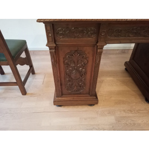 Antique Office Desk with Chairs in Walnut and Leather, Set of 3