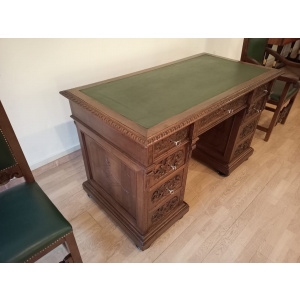 Antique Office Desk with Chairs in Walnut and Leather, Set of 3