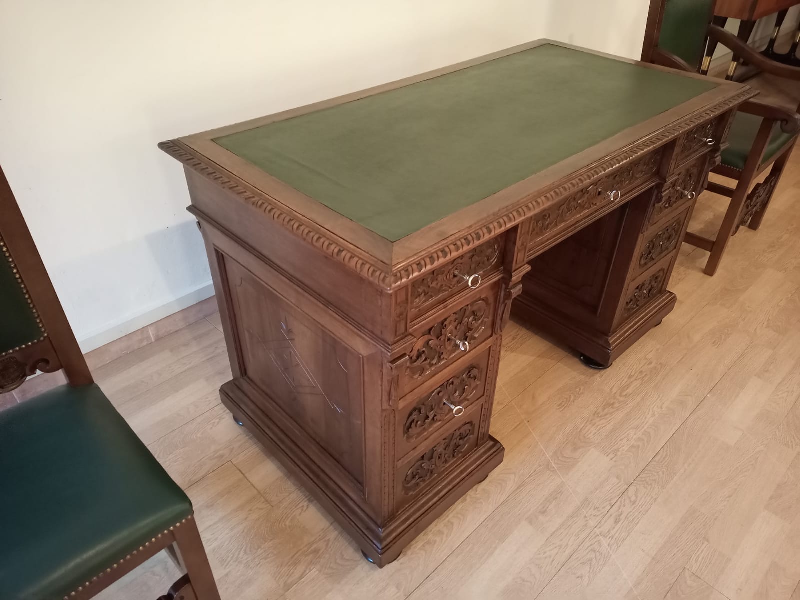 Antique Office Desk with Chairs in Walnut and Leather, Set of 3