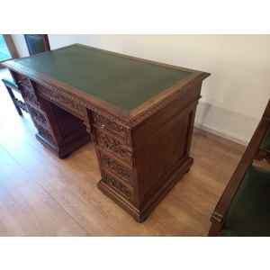 Antique Office Desk with Chairs in Walnut and Leather, Set of 3