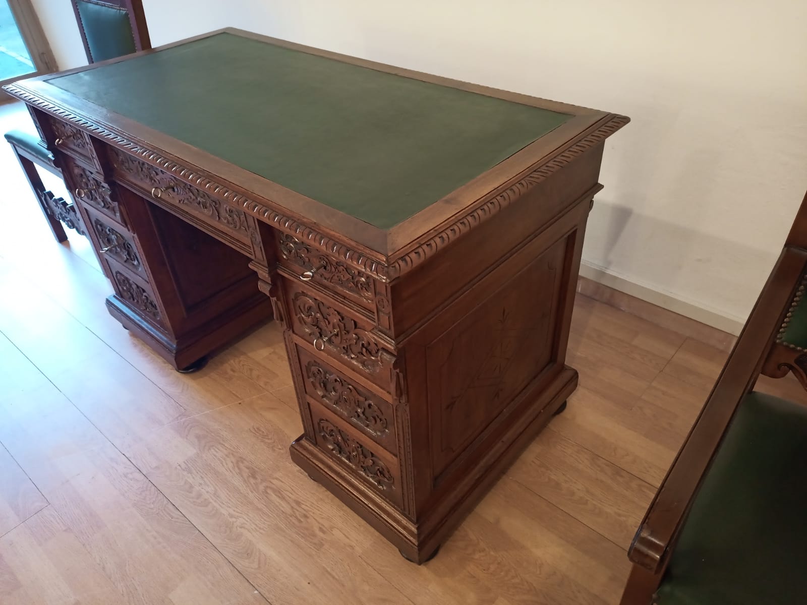 Antique Office Desk with Chairs in Walnut and Leather, Set of 3