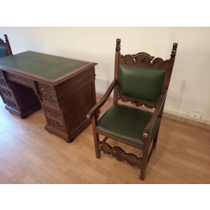Antique Office Desk with Chairs in Walnut and Leather, Set of 3