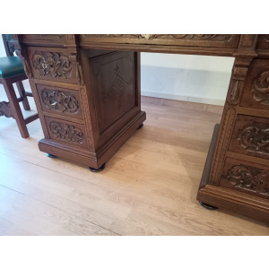 Antique Office Desk with Chairs in Walnut and Leather, Set of 3