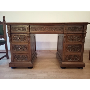 Antique Office Desk with Chairs in Walnut and Leather, Set of 3