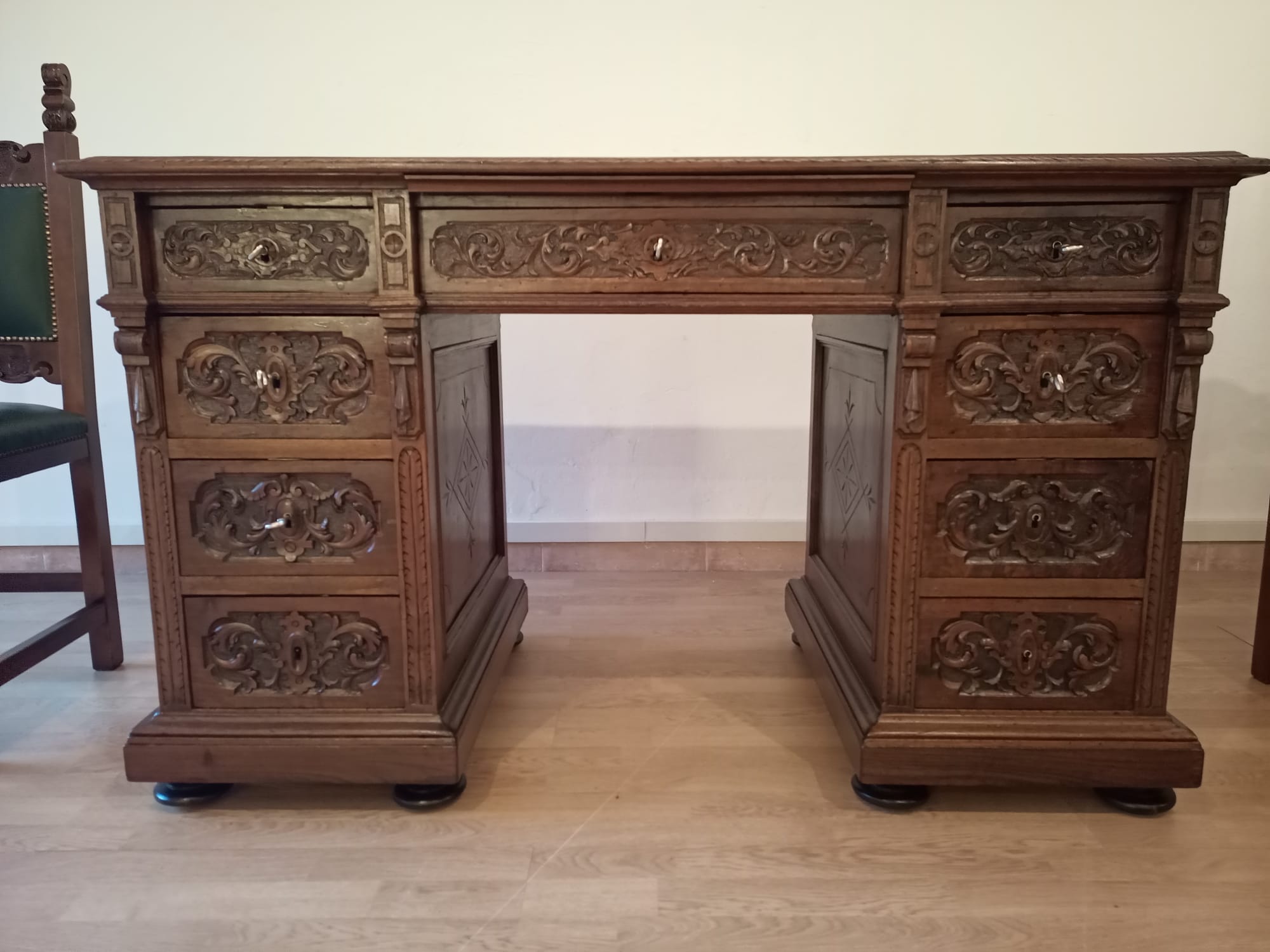Antique Office Desk with Chairs in Walnut and Leather, Set of 3