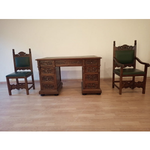 Antique Office Desk with Chairs in Walnut and Leather, Set of 3