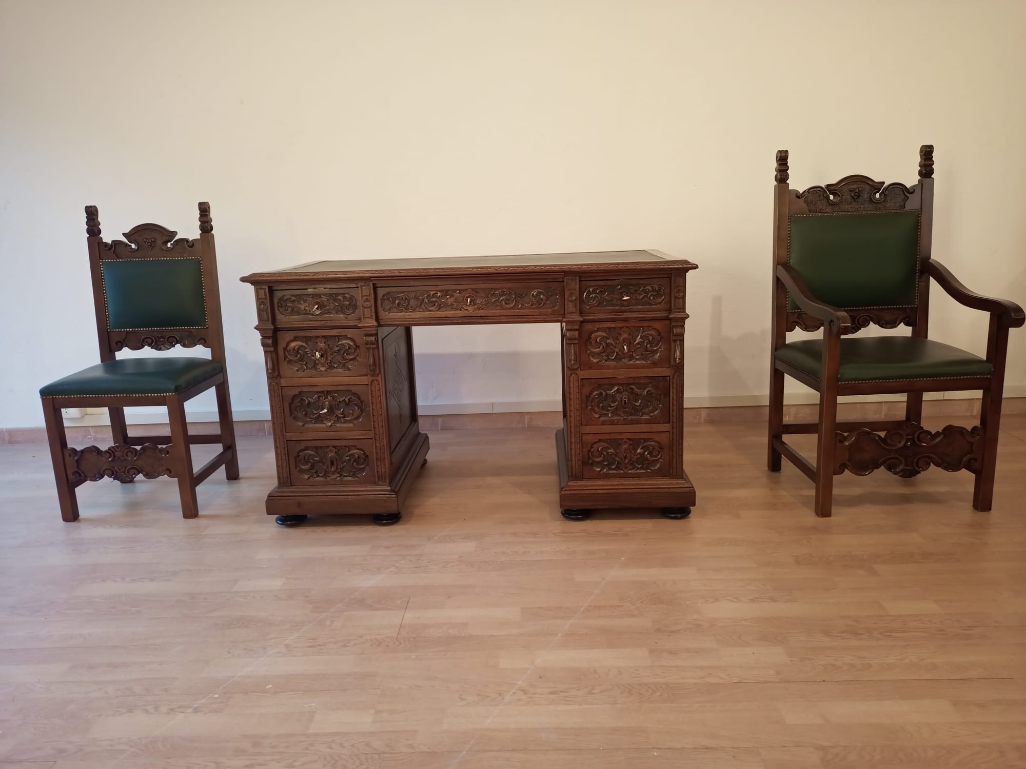 Antique Office Desk with Chairs in Walnut and Leather, Set of 3