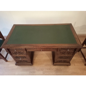 Antique Office Desk with Chairs in Walnut and Leather, Set of 3