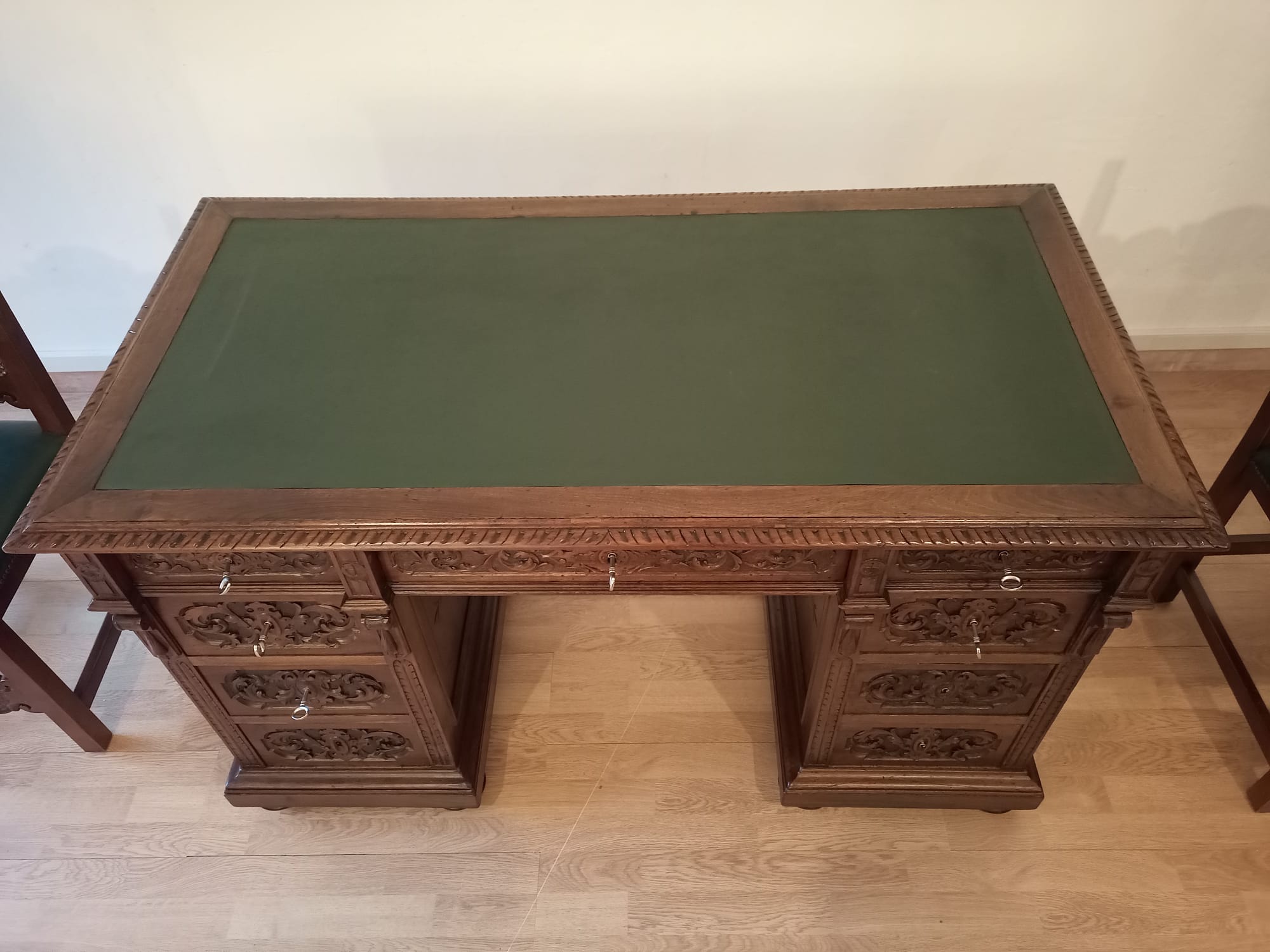 Antique Office Desk with Chairs in Walnut and Leather, Set of 3