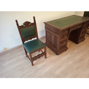 Antique Office Desk with Chairs in Walnut and Leather, Set of 3
