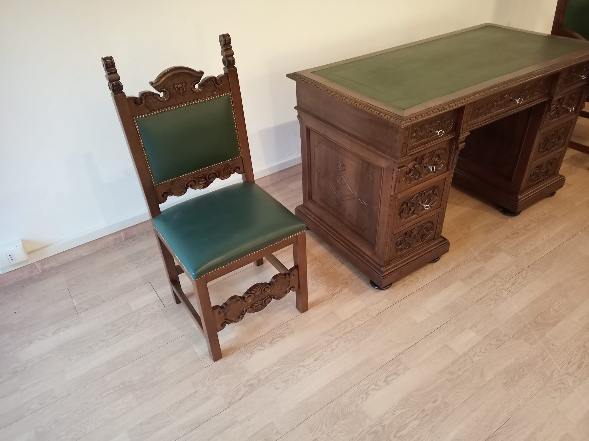 Antique Office Desk with Chairs in Walnut and Leather, Set of 3