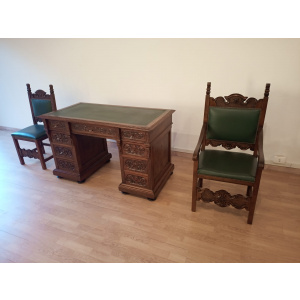 Antique Office Desk with Chairs in Walnut and Leather, Set of 3
