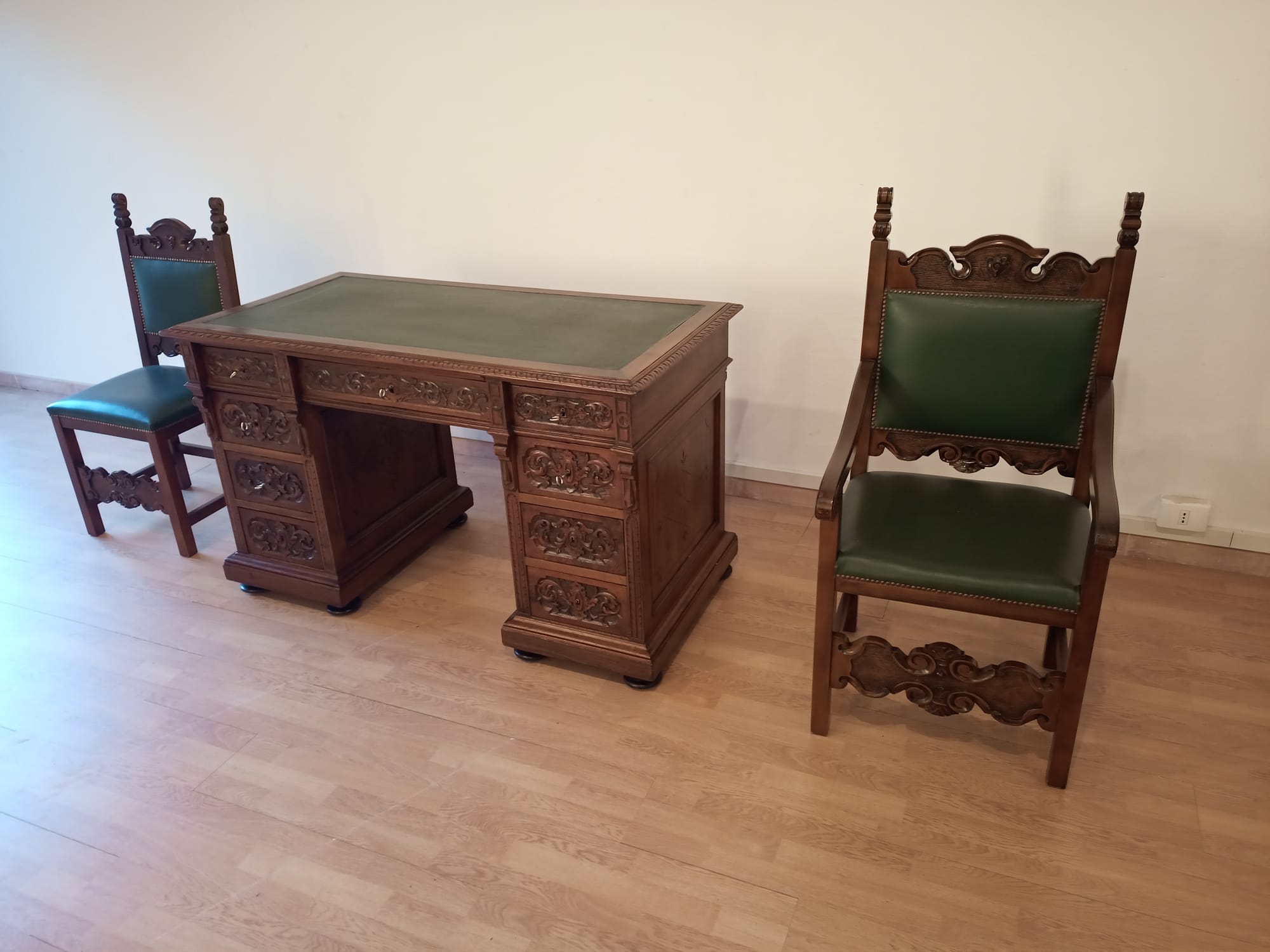 Antique Office Desk with Chairs in Walnut and Leather, Set of 3