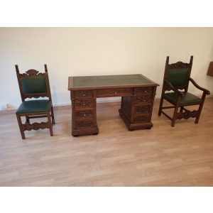 Antique Office Desk with Chairs in Walnut and Leather, Set of 3
