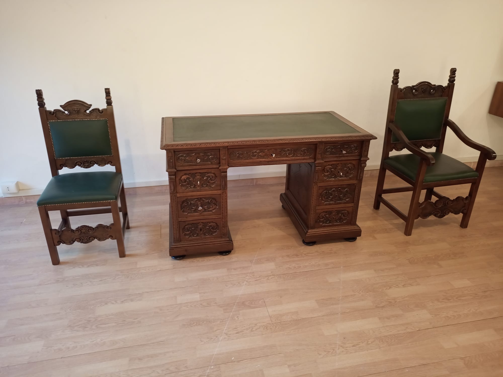 Antique Office Desk with Chairs in Walnut and Leather, Set of 3