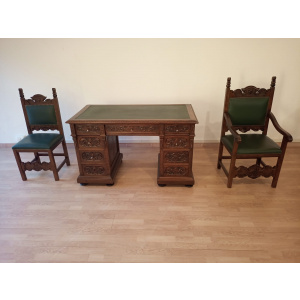 Antique Office Desk with Chairs in Walnut and Leather, Set of 3
