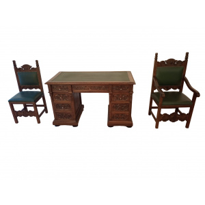 Antique Office Desk with Chairs in Walnut and Leather, Set of 3