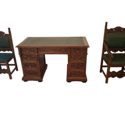 Antique Office Desk with Chairs in Walnut and Leather, Set of 3