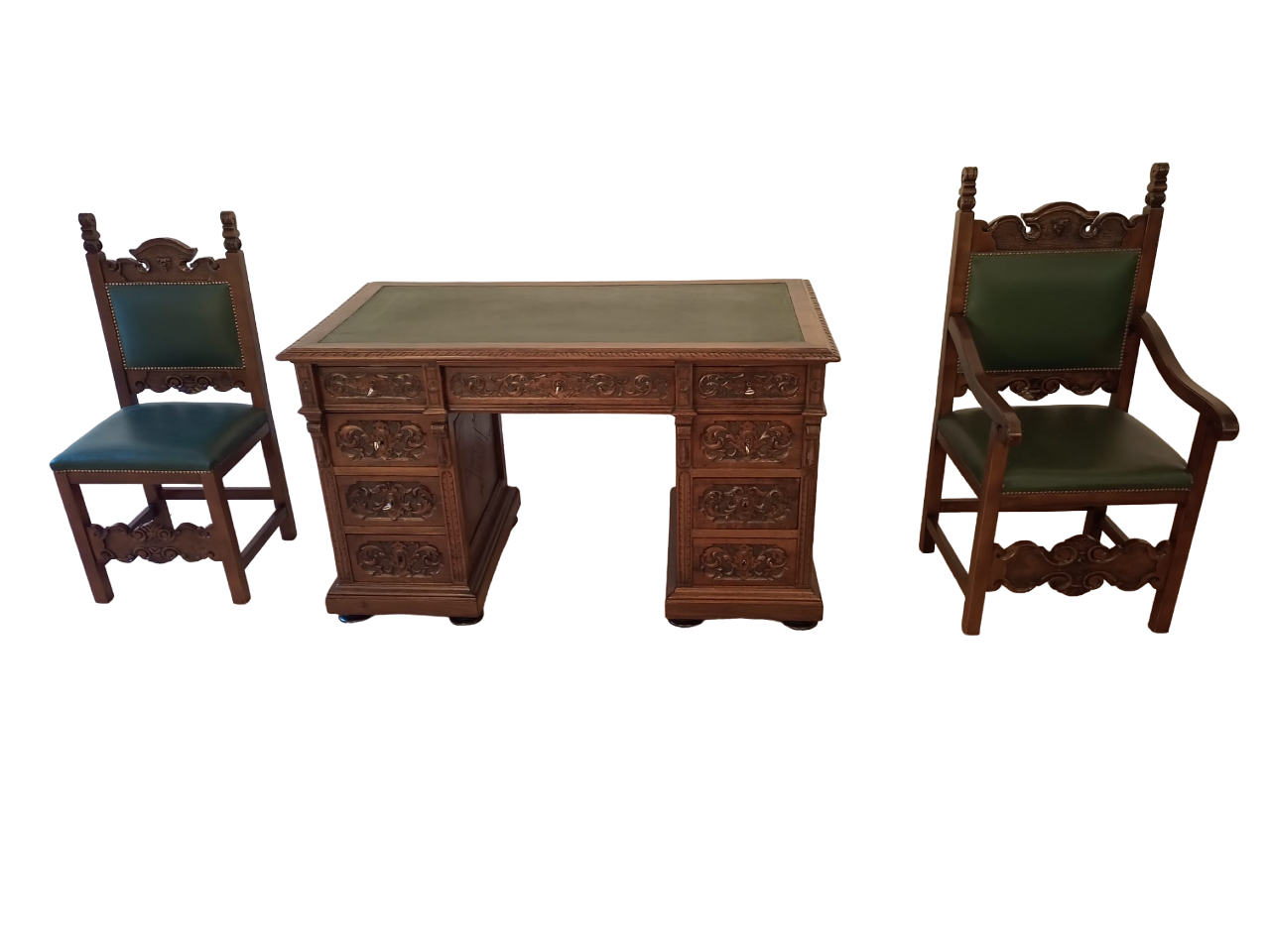 Antique Office Desk with Chairs in Walnut and Leather, Set of 3