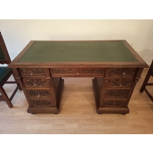 Antique Office Desk with Chairs in Walnut and Leather, Set of 3