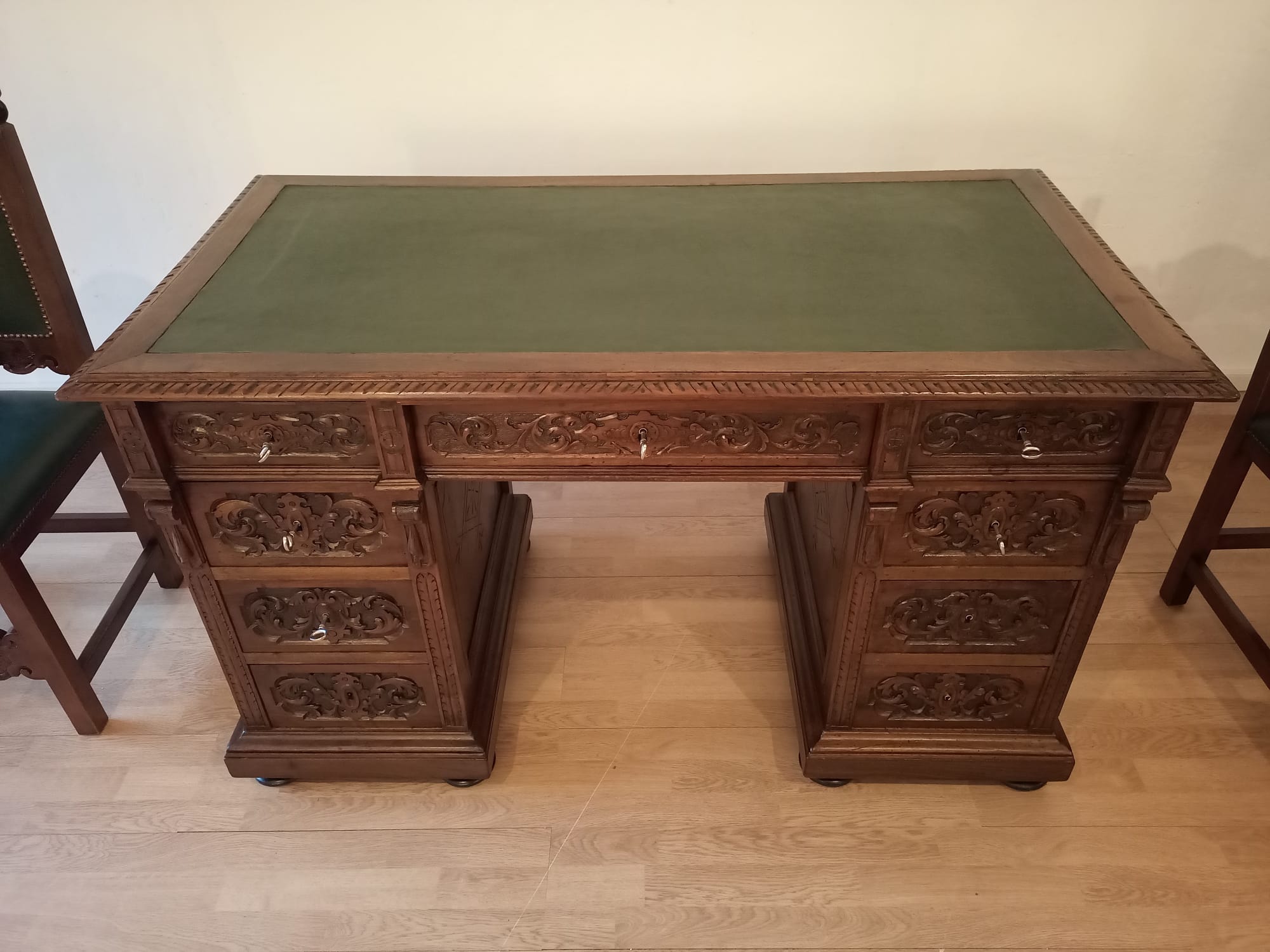Antique Office Desk with Chairs in Walnut and Leather, Set of 3
