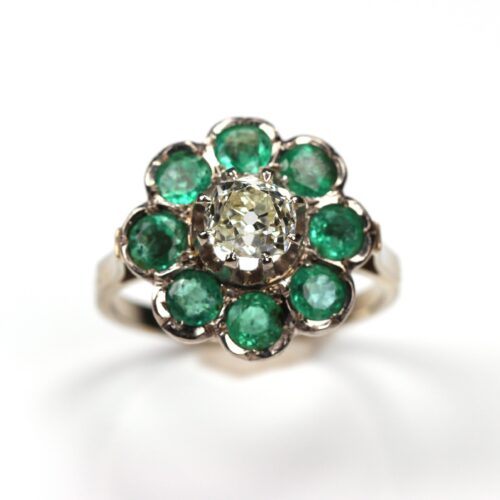 French Antique Diamond 1.09 ct. Emerald Ring 18K White Gold