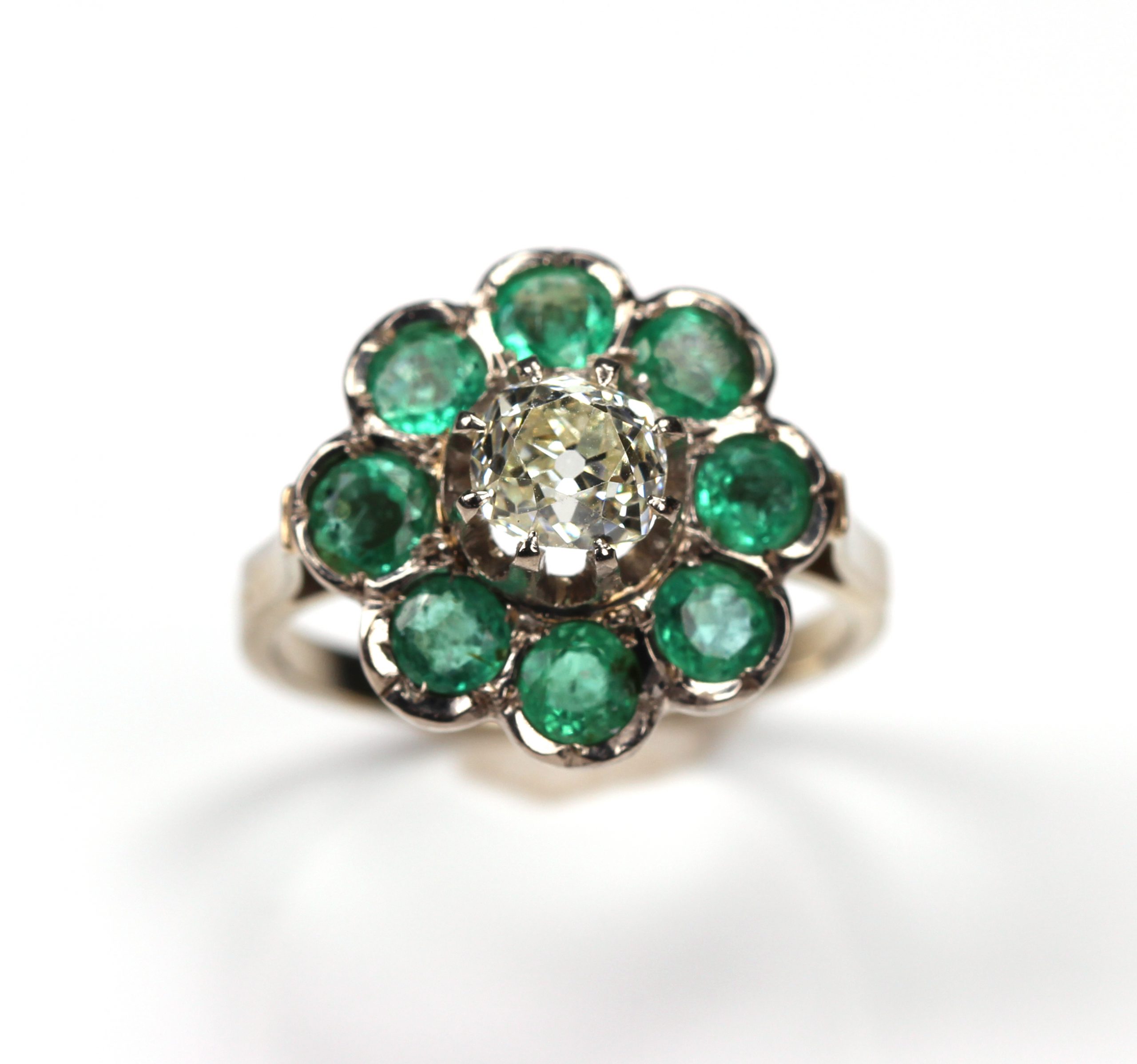 French Antique Diamond 1.09 ct. Emerald Ring 18K White Gold