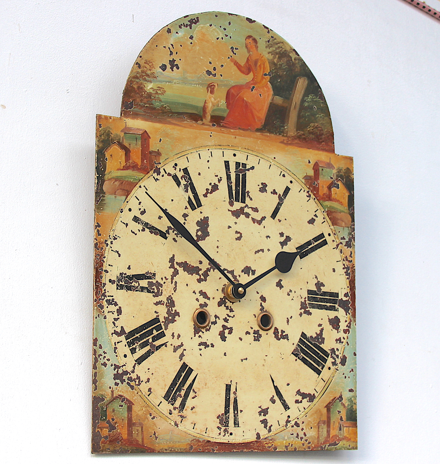 Antique Aged Hand Painted Grandfather Clock Iron Dial