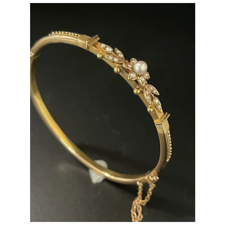 Antique Bangle, from Birmingham 1892, 15K gold with seed pearls