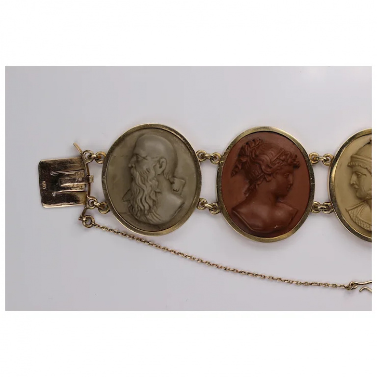 Antique Victorian Lava Cameo Bracelet 14 Karat Gold with Greek/Roman Gods - Image 8